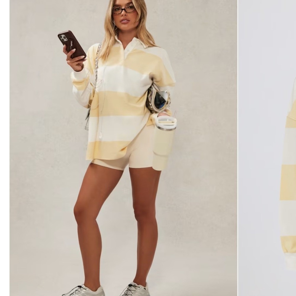 Bo+Tee Oh Polly Striped Oversized Long-Sleeve T-Shirt Lemon White S Preppy NEW
